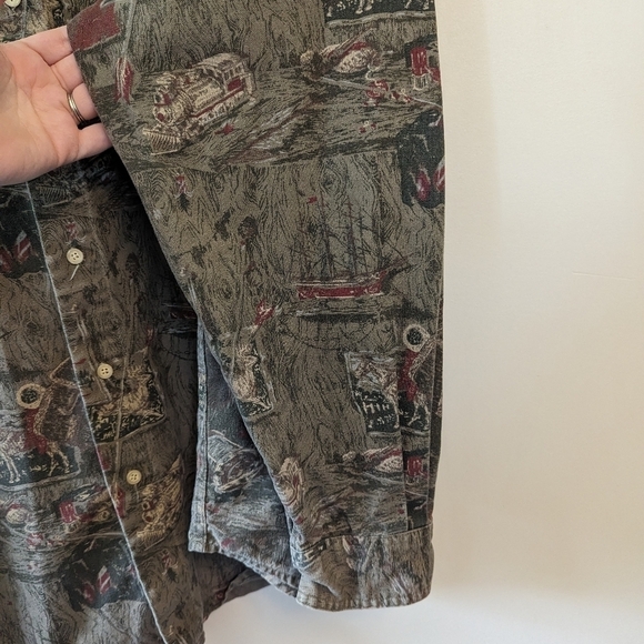 Vintage Eddie Bauer Canvas Hunter Western Pioneer Print Button Down Shirt - Picture 9 of 14